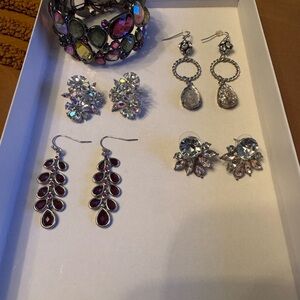 Assorted Women's Bracelet and Silver-Tone Earrings with Pink and Clear Stones
